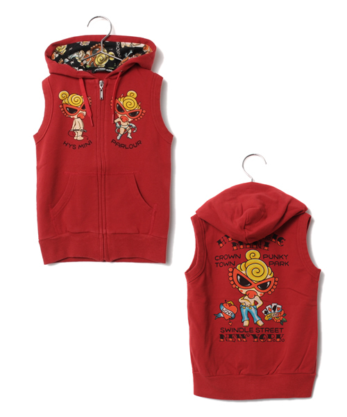 HYSTERIC MINI(ヒステリックミニ)の「Tattooing in mini parra shop フーデットベスト(スーパーストレッチ)(ベスト・キッズ・ブラック/レッド・110/100/120)」の2枚目の写真