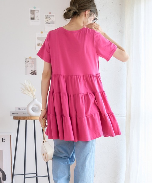 定期入れの セール】ティアードチュニック 半袖 チュニック丈トップス トップス