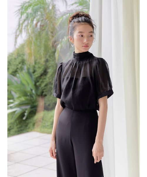 Ayla（アイラ）の「sheer highneck ribbon blouse（シャツ/ブラウス・レディース・ベージュ/ブラック・FREE）」の2枚目の写真