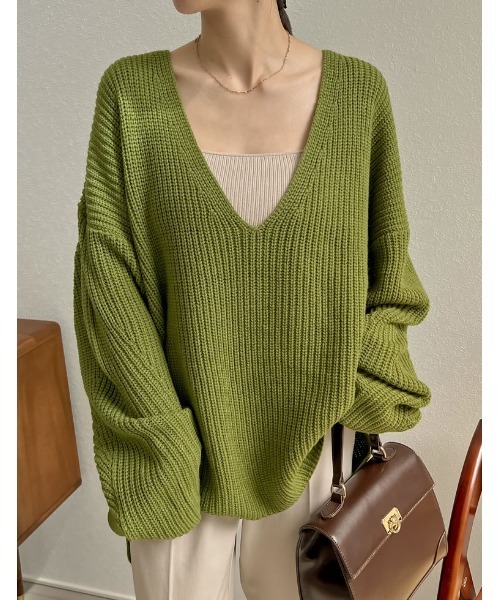 Re:EDIT（リエディ）の「畦編み深Vネックニットトップス（ニット/セーター・レディース・グレー/グリーン/パープル/モカ/アイボリー/ベージュ/ブラック・MEDIUM/LARGE）」の6枚目の写真