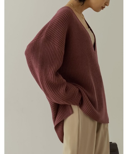 Re:EDIT（リエディ）の「畦編み深Vネックニットトップス（ニット/セーター・レディース・グレー/グリーン/パープル/モカ/アイボリー/ベージュ/ブラック・MEDIUM/LARGE）」の18枚目の写真