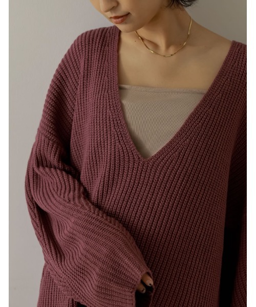 Re:EDIT（リエディ）の「畦編み深Vネックニットトップス（ニット/セーター・レディース・グレー/グリーン/パープル/モカ/アイボリー/ベージュ/ブラック・MEDIUM/LARGE）」の17枚目の写真