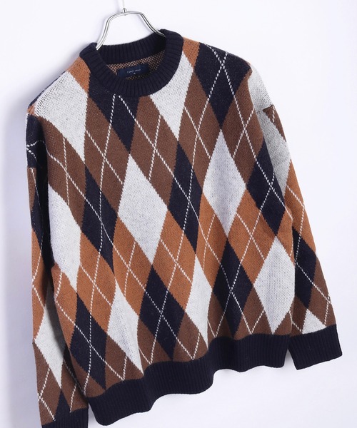 セール】もちもちタッチ アーガイル柄 ルーズサイズクルーニット