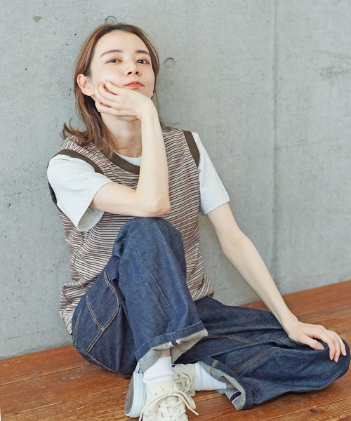 PAR ICI（パーリッシィ）の「タック柄マルチボーダー ノースリーブカットソー（Tシャツ/カットソー・レディース・ブラウン/ネイビー・FREE）」の4枚目の写真