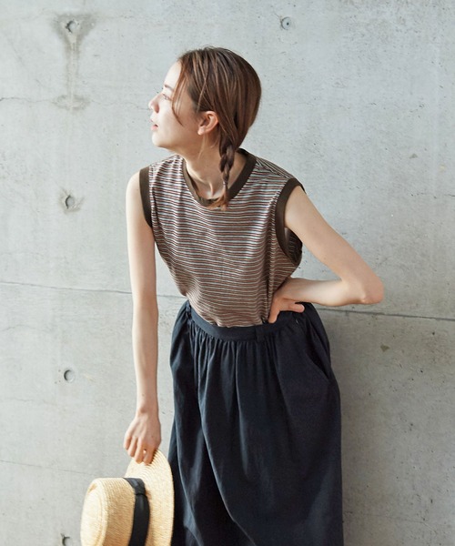 PAR ICI（パーリッシィ）の「タック柄マルチボーダー ノースリーブカットソー（Tシャツ/カットソー・レディース・ブラウン/ネイビー・FREE）」の6枚目の写真