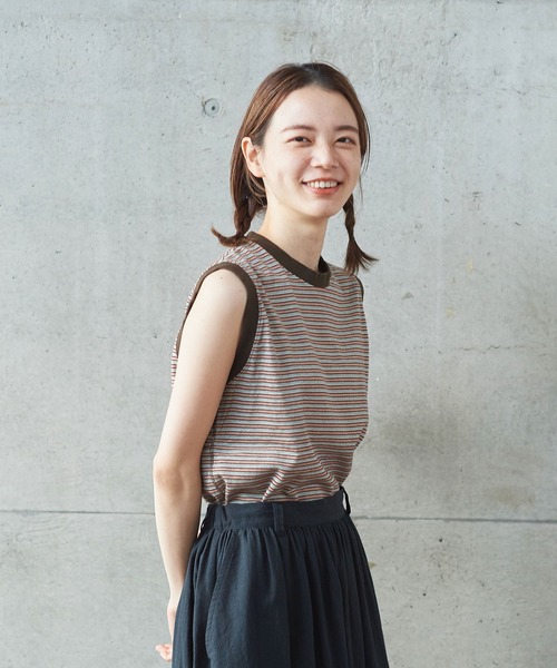PAR ICI（パーリッシィ）の「タック柄マルチボーダー ノースリーブカットソー（Tシャツ/カットソー・レディース・ブラウン/ネイビー・FREE）」の9枚目の写真