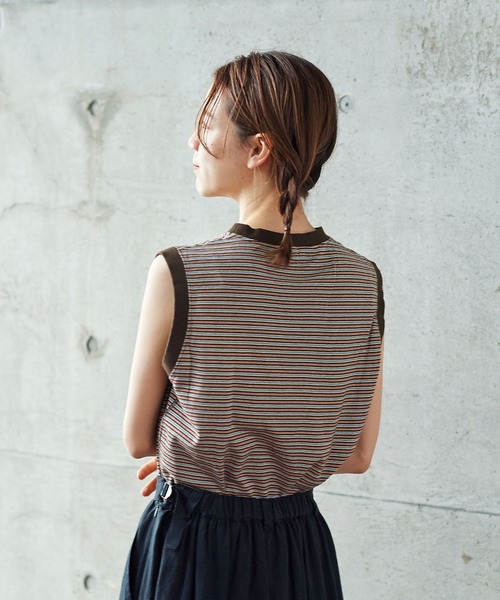 PAR ICI（パーリッシィ）の「タック柄マルチボーダー ノースリーブカットソー（Tシャツ/カットソー・レディース・ブラウン/ネイビー・FREE）」の8枚目の写真