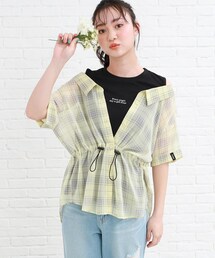 ◆【130cmサイズあり】シアーシャツドッキング半袖トップス