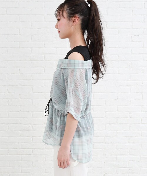 PINK-latte(ピンクラテ)の「◆【130cmサイズあり】シアーシャツドッキング半袖トップス(Tシャツ/カットソー・キッズ・アイボリー系1/ライトイエロー系2/サックスブルー系1・13/15 /16/14)」の5枚目の写真