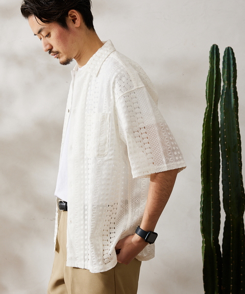 JOURNAL STANDARD relume（ジャーナルスタンダード　レリューム）の「パターンレース オープンカラー半袖シャツ（シャツ/ブラウス・メンズ・ブラック/ホワイト/ボルドー/ブルー系その他・LARGE/MEDIUM）」の8枚目の写真