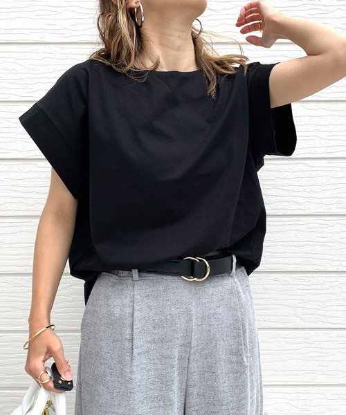 Q(キュー)の「バックタックシルケット2wayトップス(Tシャツ/カットソー・レディース・ホワイト/ブラック/グリーン・MEDIUM)」の1枚目の写真