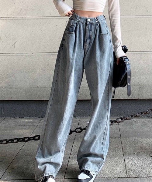 BASQUE magenta(バスクマゼンタ)の「ウエスト調整ハイウエストワイドパンツ(デニムパンツ・レディース・ターコイズブルー/サックスブルー/ホワイト/ピンク/ダークグレー/ブラック・M/L/S)」の5枚目の写真