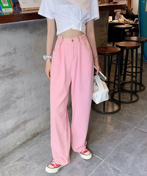 BASQUE magenta(バスクマゼンタ)の「ウエスト調整ハイウエストワイドパンツ(デニムパンツ・レディース・ターコイズブルー/サックスブルー/ホワイト/ピンク/ダークグレー/ブラック・M/L/S)」の6枚目の写真