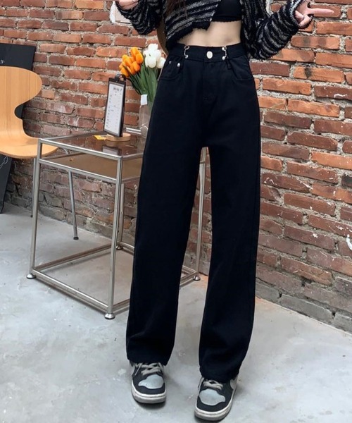 BASQUE magenta(バスクマゼンタ)の「ウエスト調整ハイウエストワイドパンツ(デニムパンツ・レディース・ターコイズブルー/サックスブルー/ホワイト/ピンク/ダークグレー/ブラック・M/L/S)」の3枚目の写真