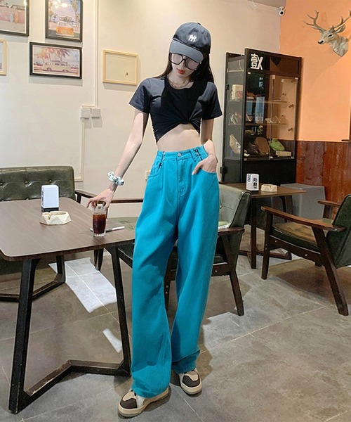 BASQUE magenta(バスクマゼンタ)の「ウエスト調整ハイウエストワイドパンツ(デニムパンツ・レディース・ターコイズブルー/サックスブルー/ホワイト/ピンク/ダークグレー/ブラック・M/L/S)」の7枚目の写真