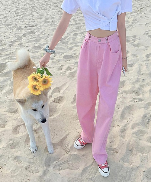 BASQUE magenta(バスクマゼンタ)の「ウエスト調整ハイウエストワイドパンツ(デニムパンツ・レディース・ターコイズブルー/サックスブルー/ホワイト/ピンク/ダークグレー/ブラック・M/L/S)」の9枚目の写真