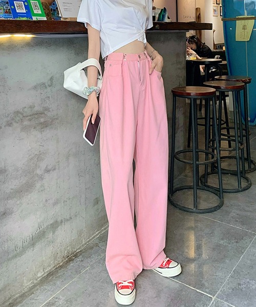 BASQUE magenta(バスクマゼンタ)の「ウエスト調整ハイウエストワイドパンツ(デニムパンツ・レディース・ターコイズブルー/サックスブルー/ホワイト/ピンク/ダークグレー/ブラック・M/L/S)」の10枚目の写真