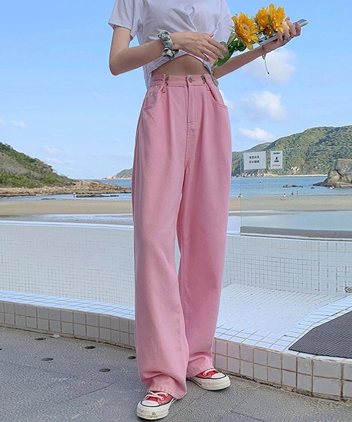 BASQUE magenta(バスクマゼンタ)の「ウエスト調整ハイウエストワイドパンツ(デニムパンツ・レディース・ターコイズブルー/サックスブルー/ホワイト/ピンク/ダークグレー/ブラック・M/L/S)」の11枚目の写真