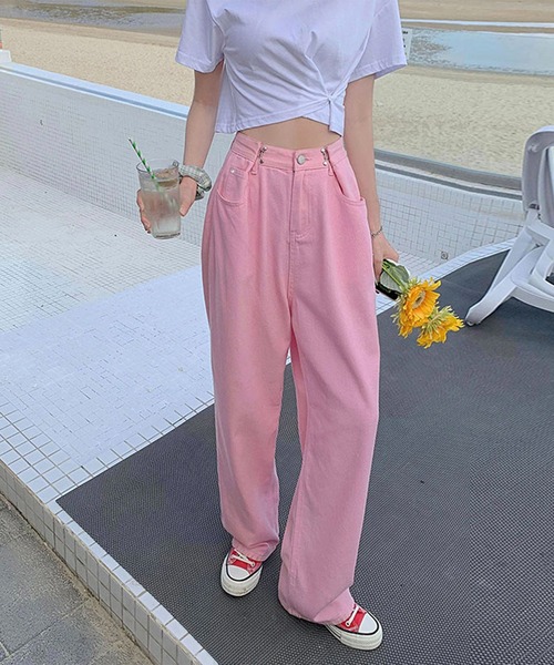 BASQUE magenta(バスクマゼンタ)の「ウエスト調整ハイウエストワイドパンツ(デニムパンツ・レディース・ターコイズブルー/サックスブルー/ホワイト/ピンク/ダークグレー/ブラック・M/L/S)」の12枚目の写真