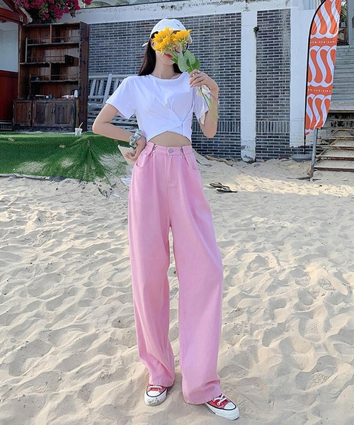 BASQUE magenta(バスクマゼンタ)の「ウエスト調整ハイウエストワイドパンツ(デニムパンツ・レディース・ターコイズブルー/サックスブルー/ホワイト/ピンク/ダークグレー/ブラック・M/L/S)」の13枚目の写真