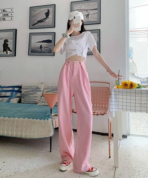 BASQUE magenta(バスクマゼンタ)の「ウエスト調整ハイウエストワイドパンツ(デニムパンツ・レディース・ターコイズブルー/サックスブルー/ホワイト/ピンク/ダークグレー/ブラック・M/L/S)」の14枚目の写真