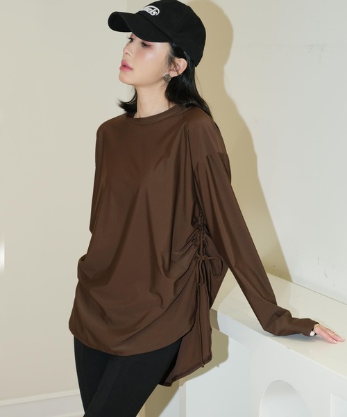 OSYAREVO（オシャレボ）の「水着 レディース 体型カバー ラッシュガード 紫外線カット率 99％以上 UPF50+ uvカット フィットネス 水陸両用 サイドギャザー セットアップ セパレート（ラッシュガード・レディース・ブラウン/ベージュ/ミント・MEDIUM/LARGE/X-LARGE）」の22枚目の写真