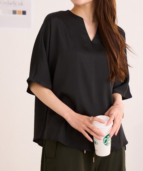 Ada.(エイダ)の「夏の大人カジュアル ドルマンスキッパー オーバーサイズ ブラウス(シャツ/ブラウス・レディース・ブラック/アイボリー・FREE)」の5枚目の写真