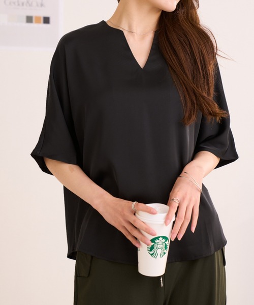 Ada.(エイダ)の「夏の大人カジュアル ドルマンスキッパー オーバーサイズ ブラウス(シャツ/ブラウス・レディース・ブラック/アイボリー・FREE)」の11枚目の写真