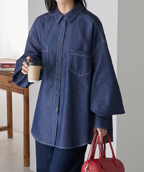 BONLECILL（ボンルシール）の「ボリュームスリーブ オーバーデニムシャツ（シャツ/ブラウス・レディース・ネイビー/ネイビー系1・FREE）」の10枚目の写真