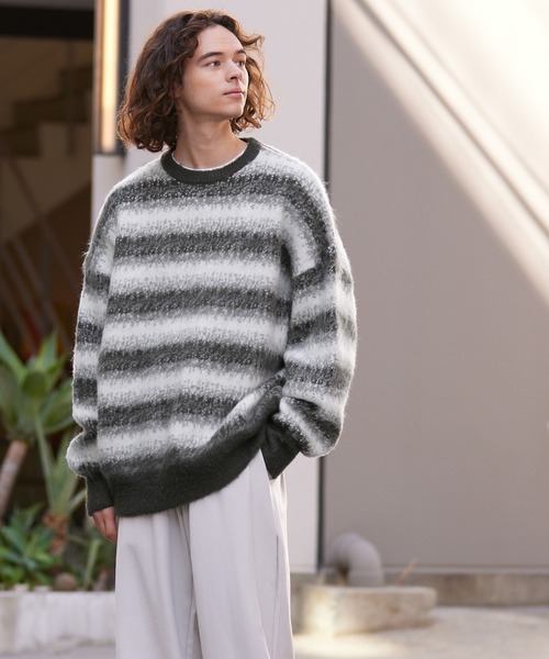 coca(coca)(コカ)の「メンズ モヘヤ風ボーダー柄ニットトレーナー(ニット/セーター・メンズ・ブラック・M/L/XL)」の6枚目の写真