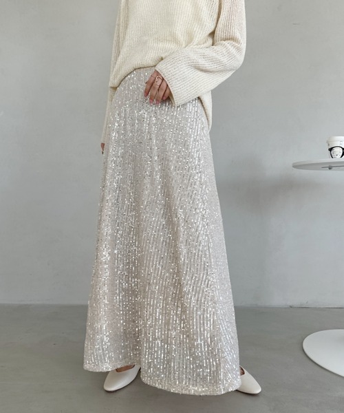 un+frame（アンフレーム）の「shiny flare long skirt／スパンコール