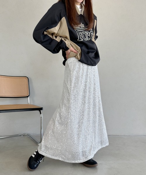 セール】shiny flare long skirt／スパンコールシャイニーフレアロング  