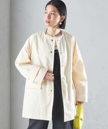 撥水加工/手洗い可能〉綿 ナイロン ギャバ ノーカラー ミディ コート