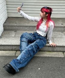 XU | ストリートファッション XU エックスユー pocket denim wide pants オーバーサイズ デニム ジーンズ ジーパン ワイドパンツ カーゴパンツ カーゴデニム 韓国ファッション 韓国ストリート(デニムパンツ)