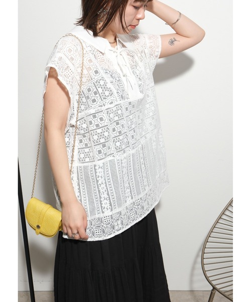 palm RICHE(ポームリシュ)の「パッチワークレースTOPS(シャツ/ブラウス・レディース・ブラック/オフホワイト・M)」の3枚目の写真