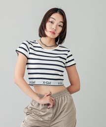 X-girl | LOGO AND STRIPE CROPPED S/S TOP(Tシャツ/カットソー)