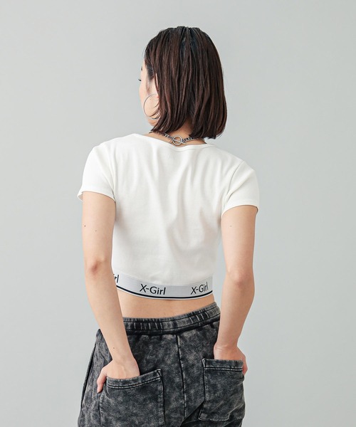X-girl(エックスガール)の「LOGO AND STRIPE CROPPED S/S TOP(Tシャツ/カットソー・レディース・マルチ/ブラック/オリーブ/ホワイト・S/M)」の10枚目の写真