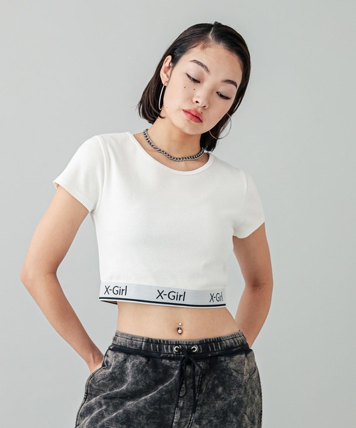 X-girl(エックスガール)の「LOGO AND STRIPE CROPPED S/S TOP(Tシャツ/カットソー・レディース・マルチ/ブラック/オリーブ/ホワイト・S/M)」の12枚目の写真