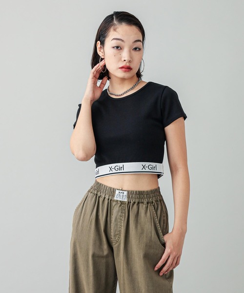 X-girl(エックスガール)の「LOGO AND STRIPE CROPPED S/S TOP(Tシャツ/カットソー・レディース・マルチ/ブラック/オリーブ/ホワイト・S/M)」の19枚目の写真