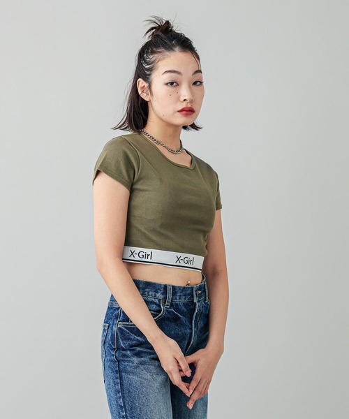 X-girl(エックスガール)の「LOGO AND STRIPE CROPPED S/S TOP(Tシャツ/カットソー・レディース・マルチ/ブラック/オリーブ/ホワイト・S/M)」の22枚目の写真