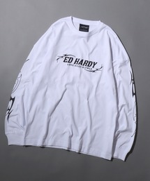 Ed Hardy（エドハーディー）の「Ed Hardy/エド・ハーディー オーバーサイズ ピグメント加工 ヴィンテージライク ロゴプリント 長袖Tシャツ ロンT レディース メンズ（Tシャツ/カットソー）」