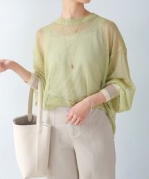 メッシュ袖ボリューム配色ニットプルオーバー