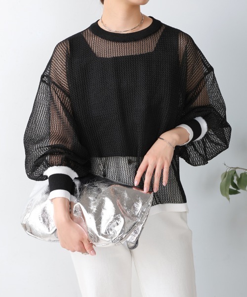 Bou Jeloud（ブージュルード）の「メッシュ袖ボリューム配色ニットプルオーバー（ニット/セーター・レディース・ライトグリーン/ブラック・FREE）」の2枚目の写真