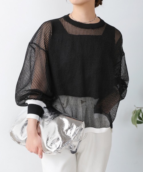 Bou Jeloud（ブージュルード）の「メッシュ袖ボリューム配色ニットプルオーバー（ニット/セーター・レディース・ライトグリーン/ブラック・FREE）」の3枚目の写真