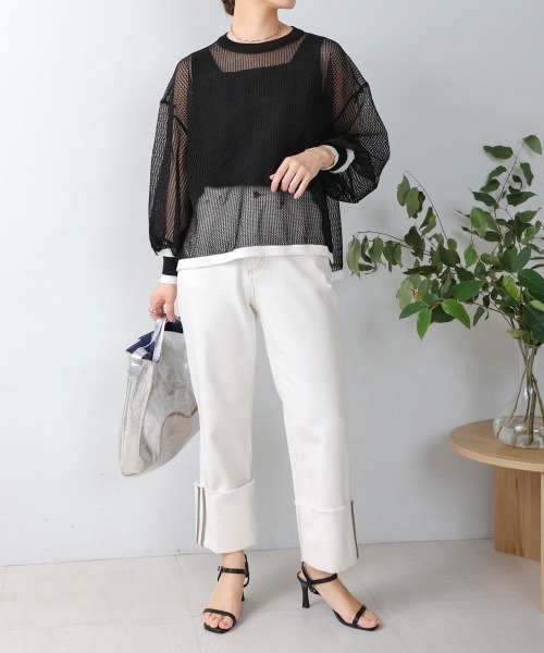 Bou Jeloud（ブージュルード）の「メッシュ袖ボリューム配色ニットプルオーバー（ニット/セーター・レディース・ライトグリーン/ブラック・FREE）」の4枚目の写真