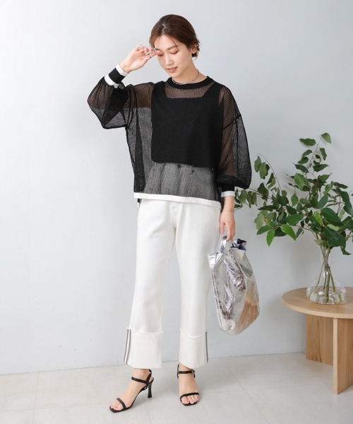 Bou Jeloud（ブージュルード）の「メッシュ袖ボリューム配色ニットプルオーバー（ニット/セーター・レディース・ライトグリーン/ブラック・FREE）」の6枚目の写真