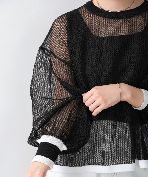 Bou Jeloud（ブージュルード）の「メッシュ袖ボリューム配色ニットプルオーバー（ニット/セーター・レディース・ライトグリーン/ブラック・FREE）」の7枚目の写真