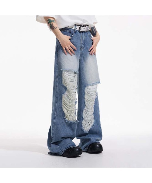 ダメージデニムバギーパンツ  スカイブルー ダメージデニムバギーパンツ – WEGO ONLINE STORE