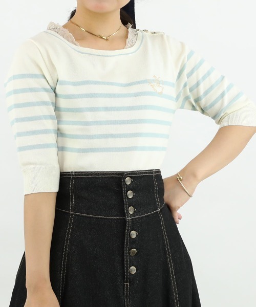 an another angelus(アンアナザーアンジェラス)の「ロゴ刺繍ボーダーニットプルオーバー/ananotherangelus(ニット/セーター・レディース・ブルー/ミント/ネイビー・FREE)」の2枚目の写真