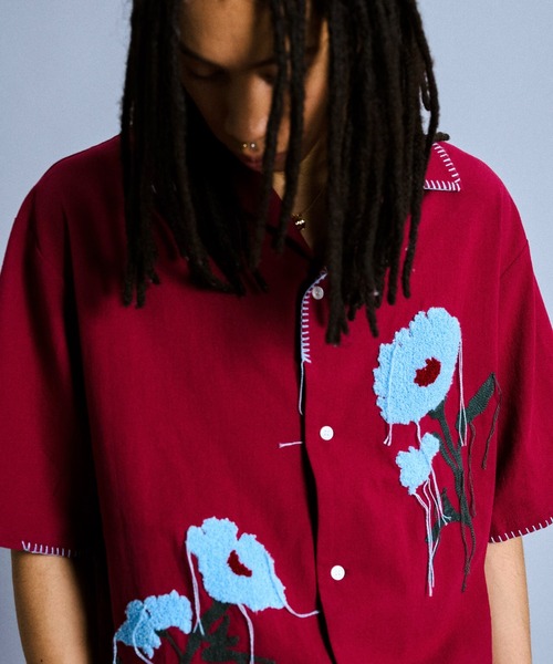 Camphor wood（カンファーウッド）の「flower embroidery SAGARA h/s shirt / サガラ花刺繍開ガーゼシャツ（シャツ/ブラウス・メンズ・アイボリー/ライトブルー/レッド/チャコールグレー/バーガンディー・SMALL/MEDIUM/LARGE）」の18枚目の写真